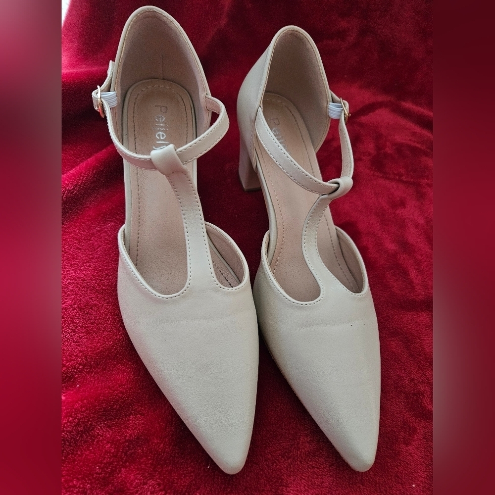 Peijely Women's Cream T-Strap Mary Janes Heels-Size 10